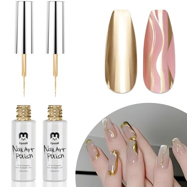 Metallic Gel Nail Polish, Gold Chrome Nail Art Liner Design Polish 2 pcs Set, Painted Drawing Chrome 3D Effect Manicure Art Design with Thin Brush Soak off UV/LED Curing Built for Home Salon