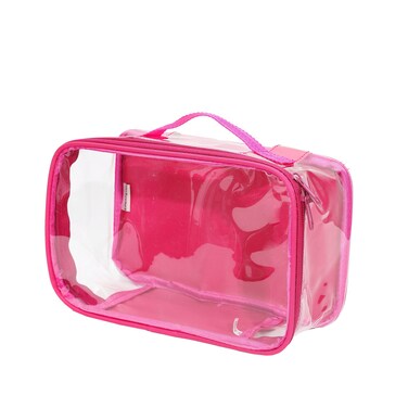 Small Clear Travel Packing Cube/See Through PVC Plastic Pouch for Carry On Suitcase, Backpack or Diaper Bag/Transparent Multipurpose Accessories, Makeup &amp; Underwear Organizer w/Handle (Pink)