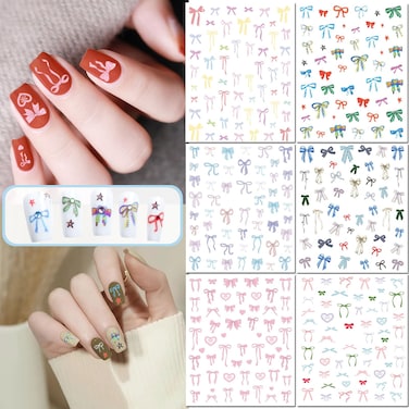 6 Sheets Bow Nail Stickers, Pink Bow Heart Tie Nail Art Stickers, 3D Self-Adhesive Cute Bow Nail Decals Ribbon Knot Stickers Nail Designs for Women Girls Manicure Decoration