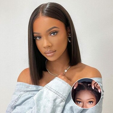 Wear and Go Glueless Bob Wig Human Hair Straight, 6x4 Pre-Cut HD Lace Glueless Wigs Pre-Plucked, Transparent Lace Front Closure Wigs for Women 180% Density 12 inch