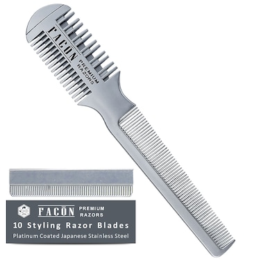 Fac&oacute;n Professional Hair Razor Comb Cutting Styling Thinning Texturizing Double Edge Shaper Razor + 10 Replacement Blades
