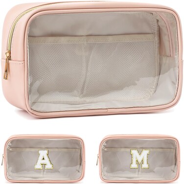 Clear Makeup Bag with 2 Customizable Chenille Letters - Waterproof PU Leather Cosmetic Case, Large Personalized Toiletry Pouch for Women &amp; Teens, Ideal for Travel &amp; Gift