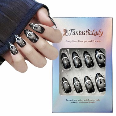Press on nails Fantasticlady,Magic black cat,Mysterious Animal print,Almond nail,Press on nail Acrylic Reusable Pop-On Nails,Full Cover Glossy for Women &amp; Girls 24pcs