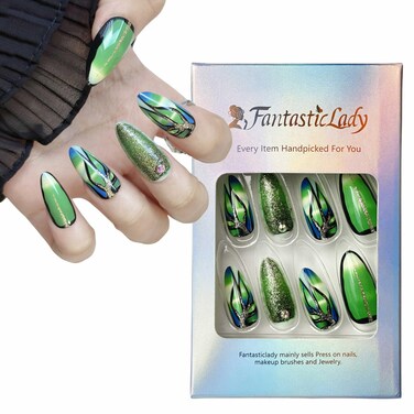 Green Galaxy Pattern Almond Long Press on Nails,False Nails,Glue on Nails,Acrylic Press on Nails,Fake Nails,Nails Glue on,Long Nails Press on,Press on Acrylic Nails for Women.