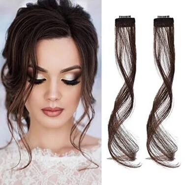 2Pcs Side Bang Clip in Bangs Real Human Hair Side Covers Wave Fringe Hair Extensions for Women Girls (Brown)