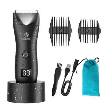 Favrison Body Hair Trimmer for Men, Electric Ball Trimmer with Ceramic Blade, Waterproof Pubic Groin Hair Trimmer for Mens Grooming Kit with LCD Display &amp; Recharge Dock (Black)