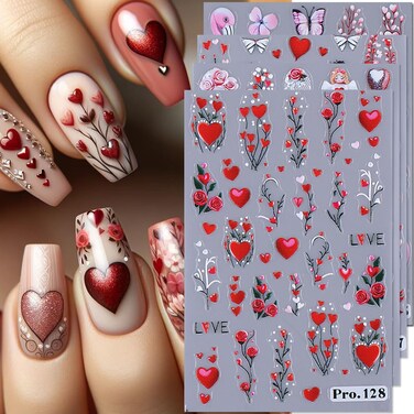 Valentine's Day Nail Art Stickers 5D Embossed Love Heart Rose Nail Decals 4PCS Lace Flower Cupid Design Valentines Nail Adhesive Stickers Spring Butterfly Manicure Sliders for DIY Nail Art Decorations