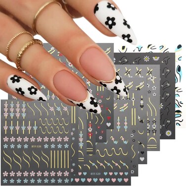 3D Colorful Flowers Stickers for Nail Art 12 Sheets Gold Lines Stripe Nail Decals Self Adhesive Blue Marble Nail Art Stickers Black White Heart Nail Stickers Acrylic Nail Art Supplies
