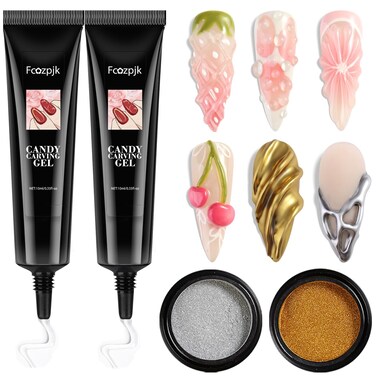 3D Sculpting Gel for Nail Art, 2PCS 10g Clear 3D Nail Art Gel Liner Nail Polish Carving Modeling Gel for Nail Design, 5D Embossed Gel Candy Gel with Gold Silver Chrome Nail Powder Kit