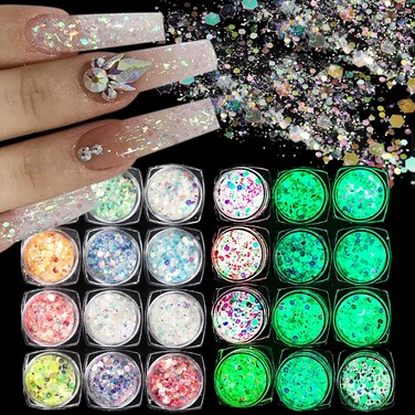 Chunky Nail Glitter, 12 Colors Iridescent Mermaid Nail Sequins, Hexagon Nail Flakes, Glow in The Dark Nail Glitter Powder Kit, Sequins for Nail Art Face Body Resin Craft