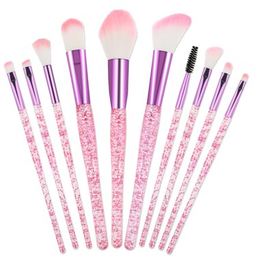 10 PCS Glitter Crystal Makeup Brush Set Pink Sparkly Makeup Brushes Bling Professional Face Makeup Brushes for Foundation, Concealer, Eye Shadow, Blush, Lip