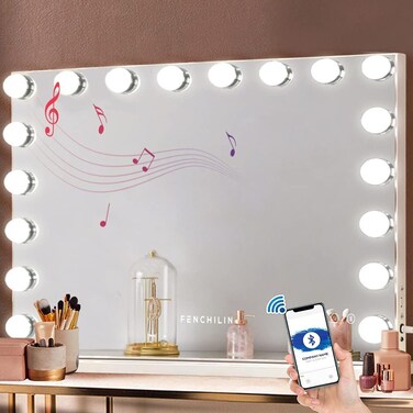 FENCHILIN Vanity Mirror for Makeup with Speaker Extra Large Hollywood Lighted Mirror with 18 Dimming LED Bulbs Smart, Tabletop/Hanging Cosmetic Mirror with Touch Screen &amp; USB Charging Port