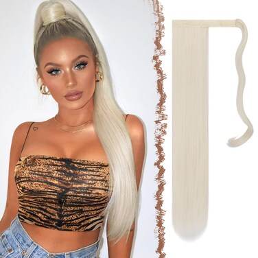 FESHFEN Straight Ponytail Extensions - 28 Inch Long Ash Platinum Blonde Wrap Around Synthetic Hair Piece Pony Tail Hair Extensions Hairpieces for Women