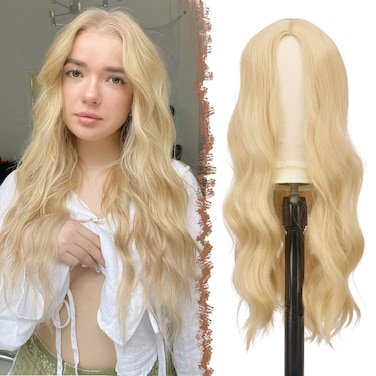 FESHFEN Long Blonde Wigs for Women, 22 inch Middle Parting Synthetic Wavy Wig for Daily Party, Blonde