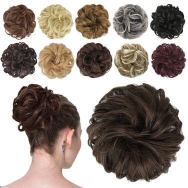 FESHFEN Messy Bun Hair Piece - Elastic Wavy Curly Hair Bun Scrunchies Extensions Synthetic Chignon Hairpieces for Women Girls, Dark Brown &amp; Light Auburn Mixed 1 PCS