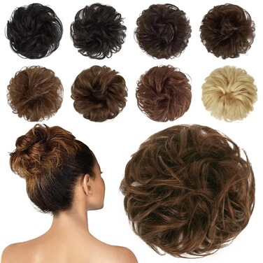 FESHFEN Human Messy Buns - 100% Human Hair Bun Real Scrunchies Hair Pieces Ponytail Extensions Wavy Tousled Updo Chignon Hairpieces for Women，Chocolate Light Brown