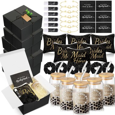 42 Pcs Bridesmaid Proposal Gifts Include Bridal Shower Wedding Gift Box Makeup Bags Invited Cards Glass Cup Lip Balm Scrunchies Hair Knotted Bracelets for Maid of Honor(Black)
