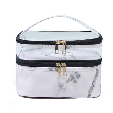 FITINI Makeup Bags Double Layer Travel Storage Cosmetic Cases Make up Organizer Toiletry Bags Water-resistant for Women Makeup Brush Bag,White Marble