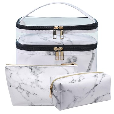 FITINI 3 Pieces Makeup Bags Marble Double Layer Travel Large Cosmetic Cases Organizer Toiletry Bags Waterproof Small Zipper Pouch for Women Makeup Brush Storage Bag,White