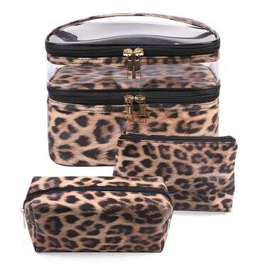 FITINI 3 Pieces Makeup Bags Double Layer Travel Large Leopard Cosmetic Cases Organizer Toiletry Bags Waterproof Small Zipper Pouch for Women Makeup Brush Storage Bag