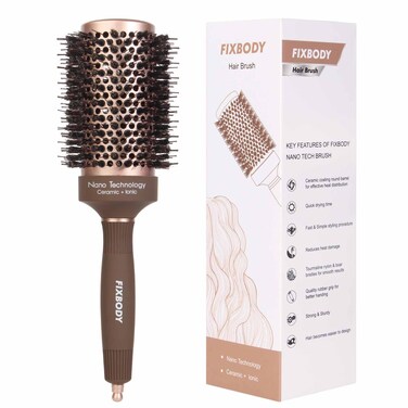 FIXBODY Hair Brush, Round Brush for Blow Drying, Curling, Styling, Nano Thermal Ceramic &amp; Ionic Tech, Boar Bristle, 3.3 inch, 2 inch Barrel, for Women, Volume &amp; Shine, Brown, Hair Brush for Thick Hair