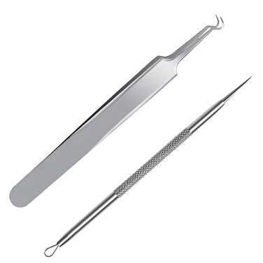 FIXBODY Blackhead and Splinter Remover Tools - Stainless Steel Professional Easily Cure Pimples Whiteheads Comedones Acne Zit Ingrown Hairs and Facial Impurities Bend Head Tweezer Surgical Kit