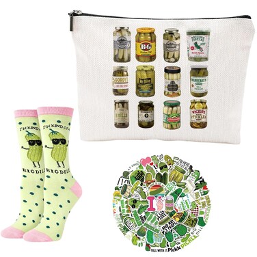 Pickle Gifts for Pickle Lovers Set Pickle Cosmetic Bag Pickle Socks 50 PCS Funny Pickle Stickers-Perfect for Lovers