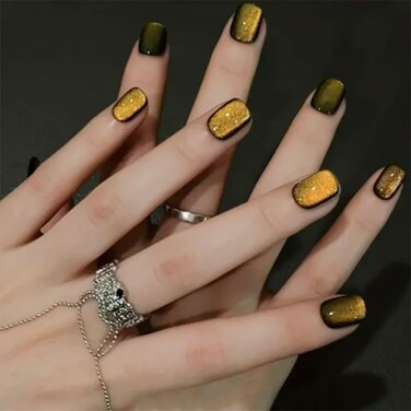 Short Press On Square Yellow False Nails with Designs Glitter Full Cover Acrylic Press On Glossy Glue on Artificial Stick On Nails for Women Decorations 24Pcs