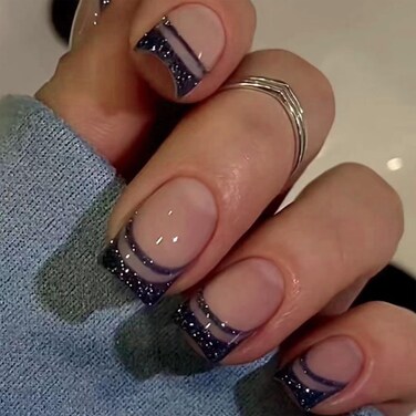 Black French Tip Press on Nails Short Square Fake Nails with Designs Glitter False Nails Full Cover Acrylic Nails Glossy Glue on Nails Artificial Stick on Nails for Women Girls Nails Manicure 24pcs