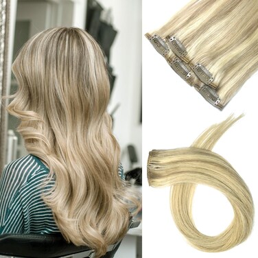 5PCS Clip In Hair Extensions Human Hair Mixed Bleach Blonde 18Inch for Women Girls #18p613
