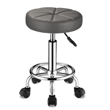 Swivel Stool with Wheels Round Rolling Stools PU Leather Height Adjustable Grey