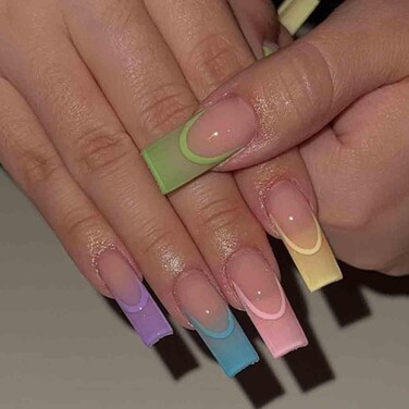 Long Press on Nails Square French Fake Nails Full Cover Acrylic False Nails Colorful Nails for Women and Girls 24PCS