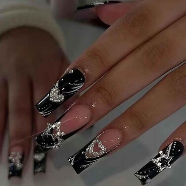 Press On Nails - Long Rhinestone Pink &amp; Black Square Bling Glossy 3D Flower False Nails - 24pcs (Long Nails 2)