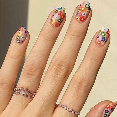 Almond Press on Nails Short Acrylic Fake Nails Flower Design Women's False Nails with Design Nail Tips for Women&amp;Girls 24PCS