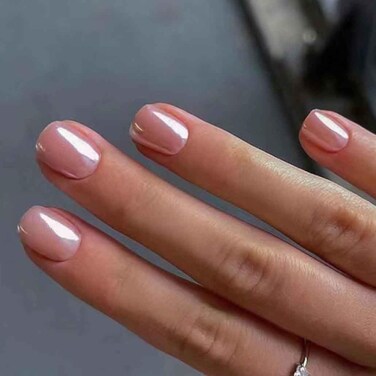 Nude Press on Nails Chrome Fake Nails Square Glossy Short False Nail Tips Artificial Finger Manicure for Women and Girls 24pcs