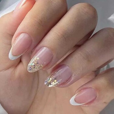 French White Press on Nails Medium, Bling Almond Fake Nails Acrylic False Nails,Artificial Nails for Women-24 pcs