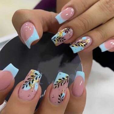 24pcs Pink Fake Nails Square French Tip Press on Nails Medium Glossy Blue False Nail Tips Artificial Finger Manicure for Women