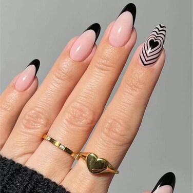 French Black Press on Nails Medium, Almond Acrylic False Nails,LOVE Design Artificial Nails Fake Nails for Nail Art Manicure Decoration 24Pcs