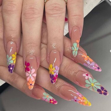 Acrylic Fake Nails Stiletto Long Press on Nails Summer Nails Flower Design Luxury Clear False Nail Tips 24 pcs