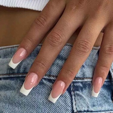 Nude Fake Nails Long, French Coffin Glossy Press on Nail False Tips Artificial Finger Manicure for Women and Girls 24pcs