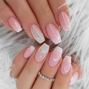 French Tip Press on Nails Medium Gradient Fake Nails Coffin Bling Glossy Pink False Nail Tips Artificial Finger Manicure for Women and Girls -24pcs