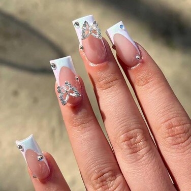 White Press on Nails Medium Long Rhinestone Fake Nails Square Bling Glossy 3D Butterfly False Nail Tips Artificial Nails Finger Manicure for Women and Girls,24pcs