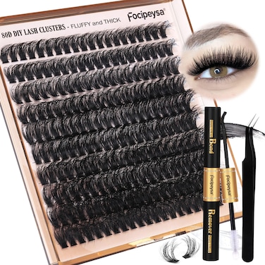 Focipeysa Eyelash Extension Kit, 200pcs 80D Mink Fur False Eyelashes, 10-18mm DIY Lash Clusters, Matte Black, Vegan, Cruelty Free, Includes Lash Bond &amp; Remover, Tweezers