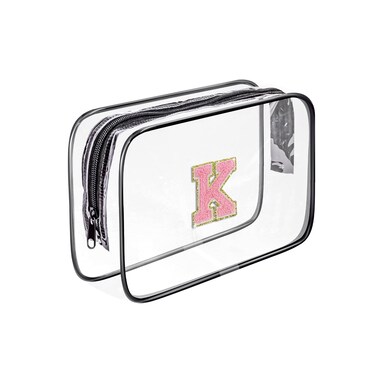 Clear Toiletry Bag,Portable Travel Toiletry Bag,Chenille Letter Cosmetic Bag with Zipper,Waterproof Makeup Bag,Cosmetic Storage Organizer for Women Men,Travel Essentials (Black,K)
