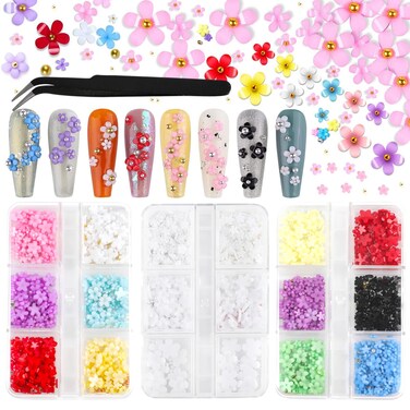 FOIMAS 3D Flower Nail Charms,3 Boxes Flower Acrylic Nail Art Rhinestones with Gold Silver Pearl Beads Tweezer for DIY Nail Art Decoration Supply