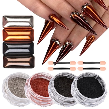 4 Jars Magic Chrome Nail Powder Holographic Metallic Mirror Effect Silver Copper Black Brown Manicure Glitter Pigment Powder for Nails Art Design, Chrome Powder for Gel Nails Decoration with Tools