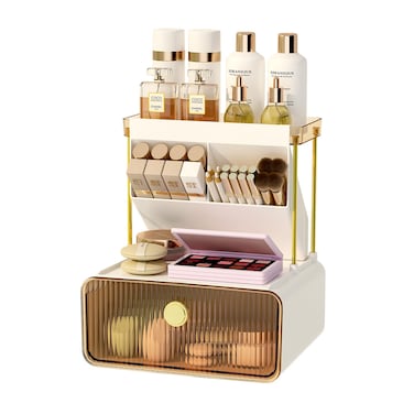 Makeup Organizer with Storage Drawer,Cosmetic Display with Lipsticks Brush Holder Perfume Tray,Organize Cosmetics and Beauty Supplies for Vanity,Dresser,Bathroom,Desktop Organizer,Amber