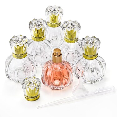 Foraineam 6 Pack 50ML / 1.7oz Glass Spray Bottles Pumpkin Shape Refillable Fine Mist Spray Perfume Bottle, Empty Crystal Glass Fragrance Atomizer Bottle with Droppers and Funnels