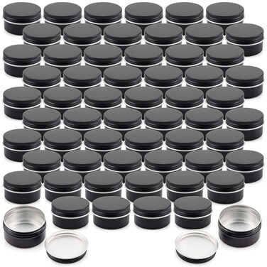 Foraineam 60 Pack 1 oz. Aluminum Round Lip Balm Tin Container Bottle with Screw Lid - Black Empty Tins for Salve, Powder, Spice, or Candies
