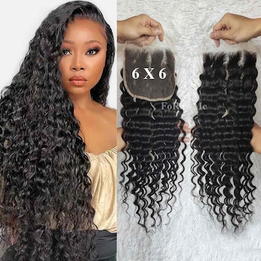 Brazilian Virgin Human Hair Pre Plucked Top Closure 18 Inch 1B Deep Wave Human Hair 6X6 Transparent Lace Closure With Natural Hairline